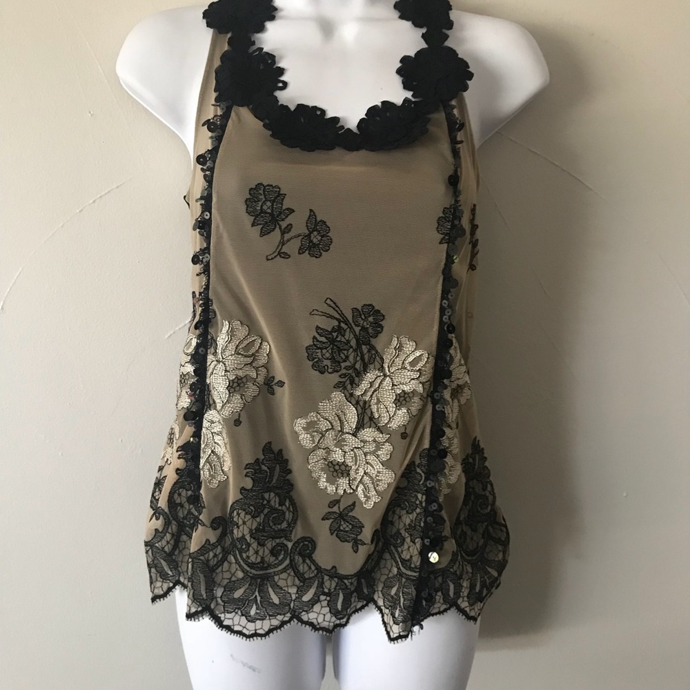 Made in Italy ONE black/beige embroidered mesh top